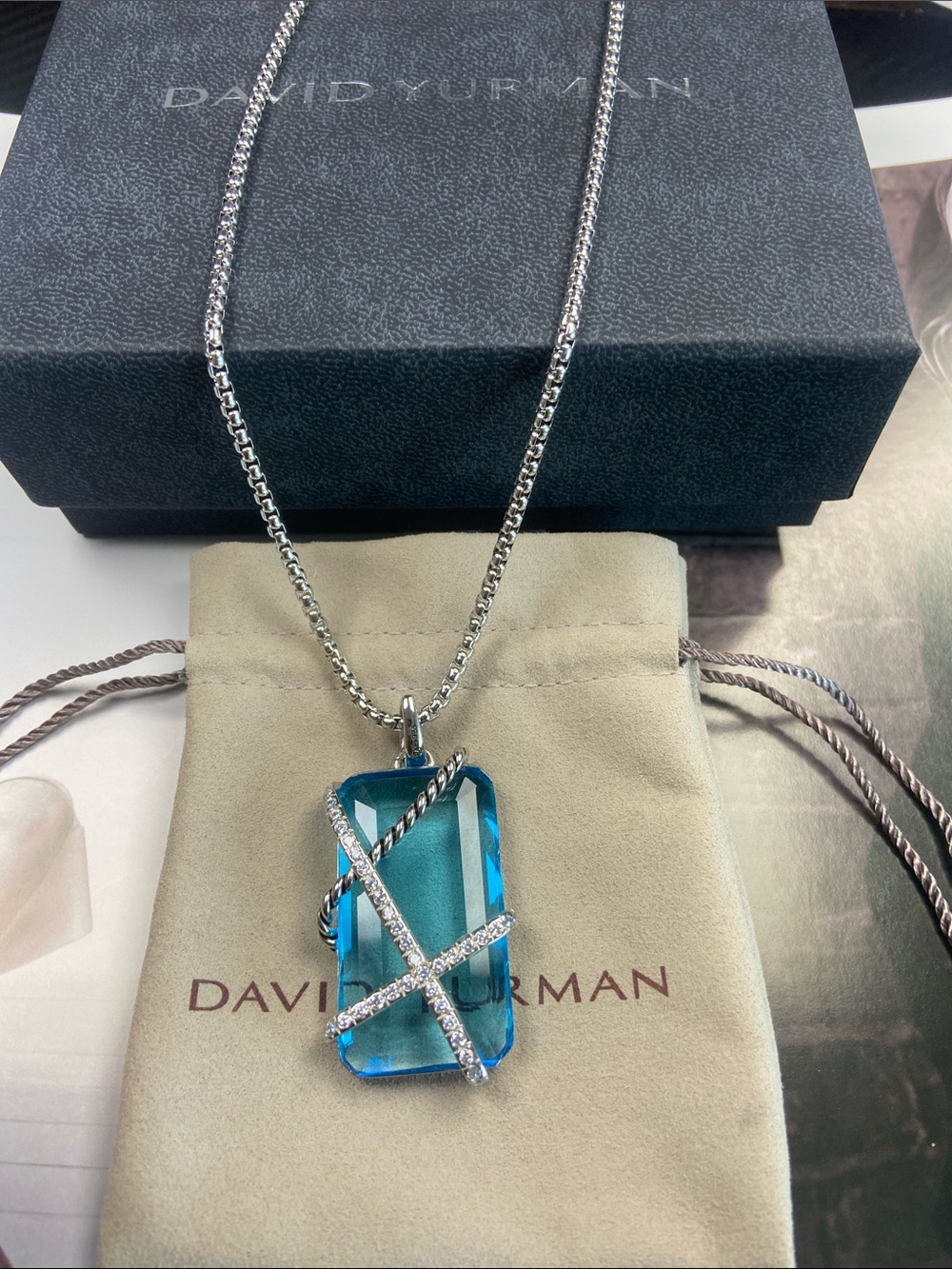 David Yurman Blue Topaz Pendant with Pavé Diamond X and Sterling Cable